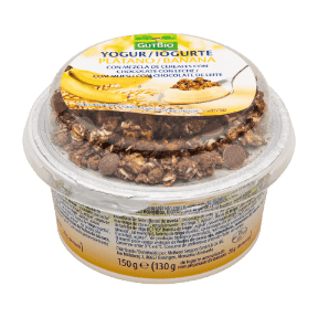 Yogur de plátano con mezcla de cereales con chocolate con leche