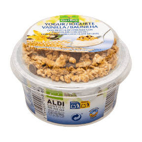Yogur de vainilla con mezcla de cereales con chocolate con leche