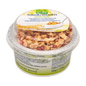 Yogur natural con mezcla de cereales con manzana y frambuesas